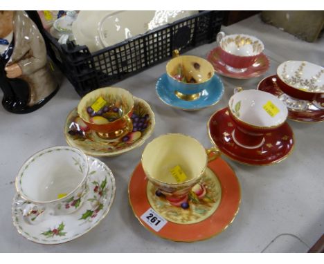 FIVE AYNSLEY CABINET CUPS &amp; SAUCERS, together with an Aynsley cup and tea plate, a Royal Albert Christmas Rose cup and sa