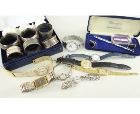 ASSORTED SMALL ITEMS including napkin rings, some silver, wristwatches and a cased Waterman pen and cufflink set