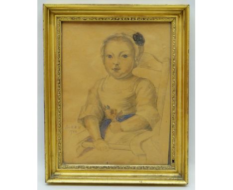 NINETEENTH CENTURY UNKNOWN pencil and heightened drawing - portrait of an infant in high chair with flowers, inscribed Sir W 