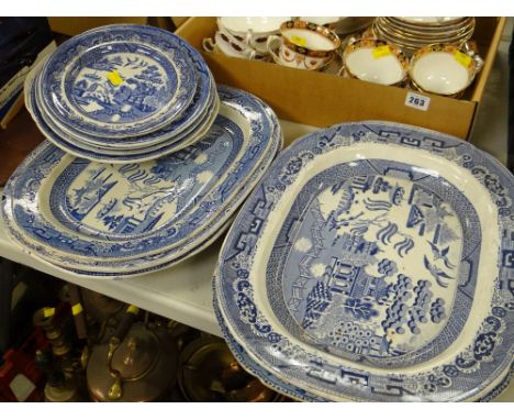 ASSORTED BLUE &amp; WHITE POTTERY to include various meat plates including Ladies of Llangollen transfer print design togethe
