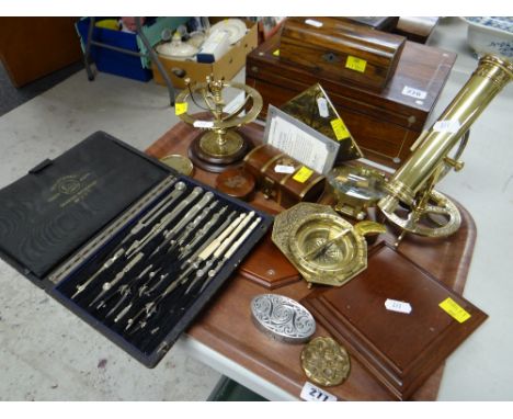 ASSORTED BRASS REPLICA SCIENTIFIC INSTRUMENTS, cased drawing set ETC