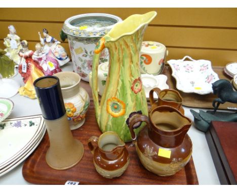 ASSORTED DOULTON &amp; OTHER CERAMICS to include cylindrical tapering vase, three similar two-tone stoneware jugs, Clarice Cl