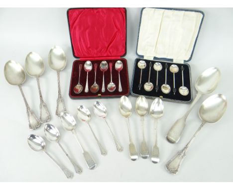 ASSORTED SILVER SPOONS including cased set of teaspoons and a cased set of six coffee spoons with coffee bean terminals ETC, 
