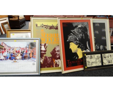 FIVE ASSORTED FRAMED PRINTS including three framed R.S.C production posters, commemorative Coronation Street print ETC