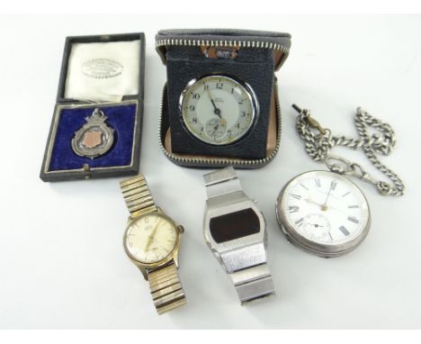 SILVER POCKET WATCH &amp; CHAIN, silver winners pendant, Smith's Empire pocket watch, two gents wristwatches