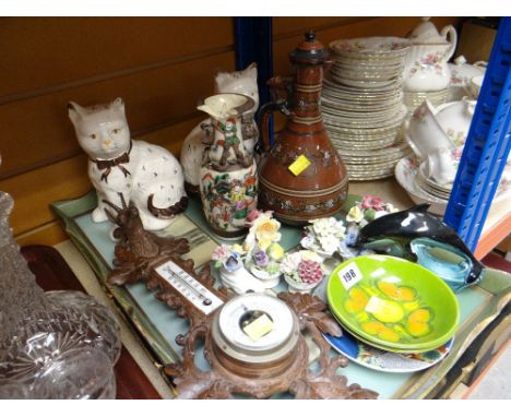 ASSORTED CERAMICS including two small Poole bowls, Staffordshire cats, two decorative wooden trays ETC