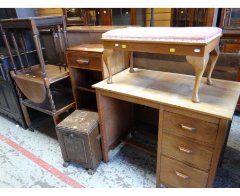 ASSORTED FURNITURE to include small vintage light oak desk, narrow bookcase with drawer, drop down flap tea trolley ETC (6 it
