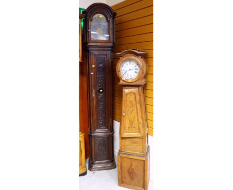 CONTINENTAL LONGCASE CLOCK with carved decoration and brass based dial together with continental granddaughter longcase clock