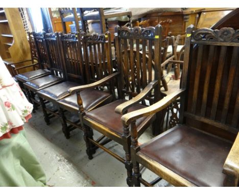 SET OF SIX (2+4) DINING CHAIRS and an oak ladder back armchair