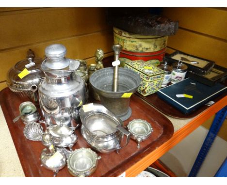ASSORTED METALWARE including EPNS, brass, vintage tins, carved wooden shelf ETC
