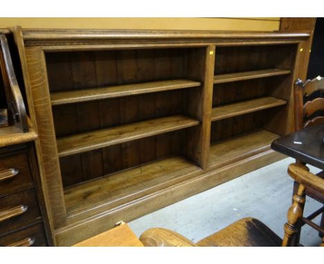 OAK LOW DOUBLE BOOKCASE, 116cms tall x 220cms widethe depth at the top and the bottom is 37cmsthe actual shelf depth is 25cms