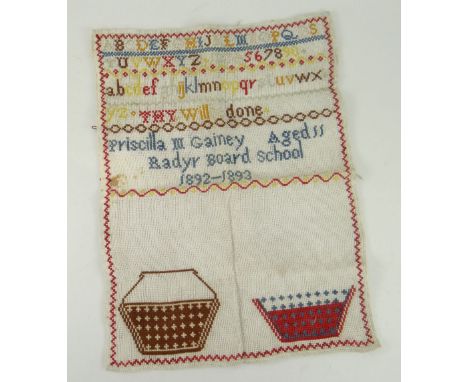 UNFRAMED COLOURFUL CHILD'S SAMPLER incomplete but with alphabet and numbers and 'Priscilla M Cainey, aged 11, Radyr Board Sch