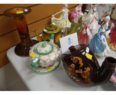 ASSORTED ROYAL DOULTON including a brown glazed tobacco jar in the form of a smoker's pipe (AF), candlestick, two tea pots an