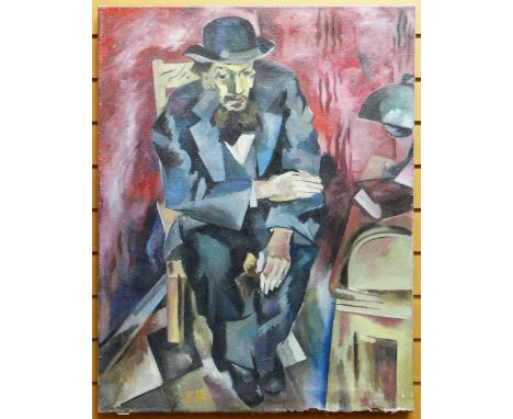 CONTINENTAL CUBIST SCHOOL oil on canvas - portrait of bearded gent in suit by desk, signed with initials 'F R', 92 x 71cms (u