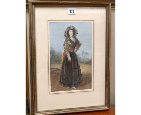 SPANISH SCHOOL watercolour - full standing portrait of a lady in traditional dress, indistinctly signed and dated, 28 x 18cms