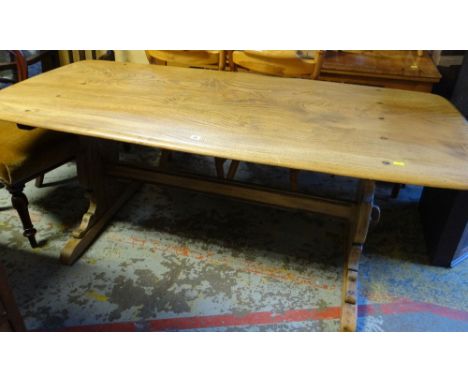 ERCOL LIGHT OAK REFECTORY-STYLE DINING TABLE, 71cms H x 80cms D x 180cms L