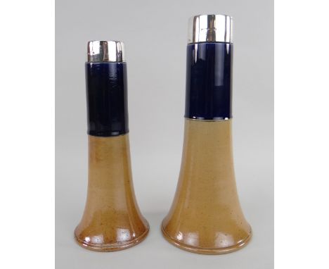 TWO SIMILAR ROYAL DOULTON TWO-TONE STONEWARE TAPERING VASES, both having silver collars, impressed marks to base and numbered