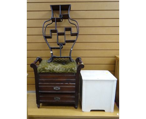ASSORTED FURNITURE including cushion-top two drawer piano-stool, small oriental hardwood floor standing shelf, white painted 