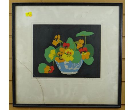 HALL THORPE coloured woodblock print - entitled 'Nasturtiums', signed, 24.5 x 30cms