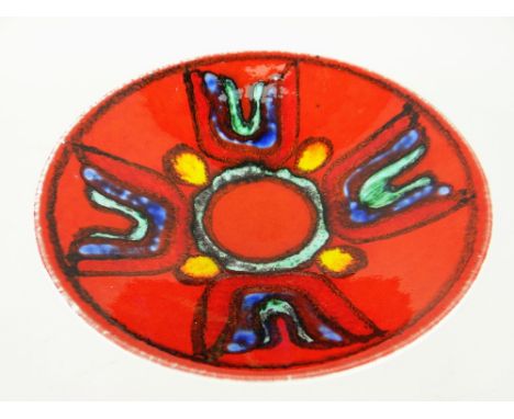 POOLE FLAMBE SHALLOW DISH with abstract design, 27cms diam