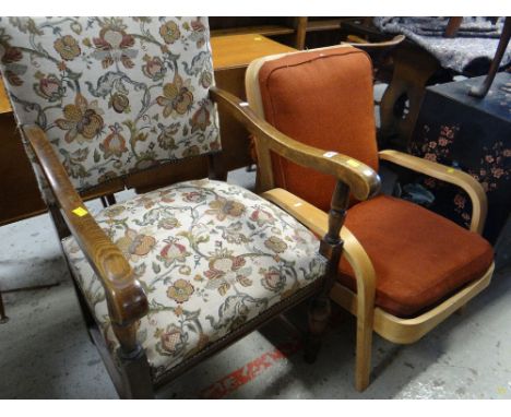 VINTAGE LIGHT BENTWOOD ARM CHAIR, together with an antique oak framed fireside chair with floral cushion upholstery to seat a