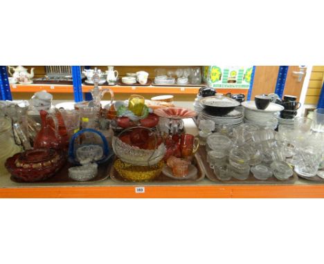 ASSORTED COLOURED &amp; CLEAR GLASS including drinking glasses, ruby glass ETC