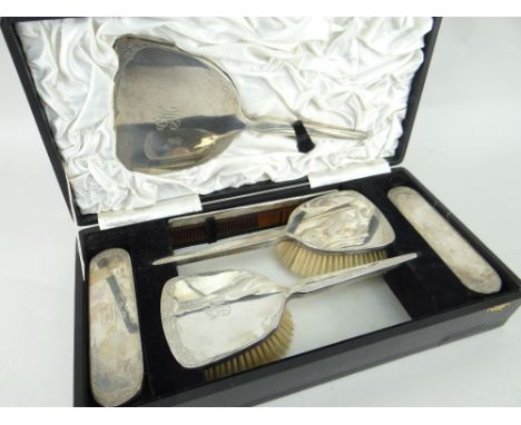 CASED SIX-PIECE CONTINENTAL SILVER VANITY SET each element bearing monogram and decorative foliate engraving