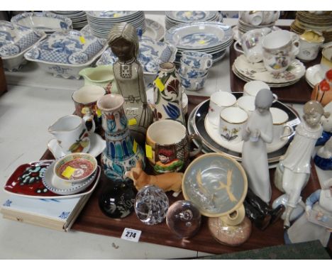 ASSORTED CERAMICS &amp; GLASS including Royal Worcester coffee cans, Beswick Shakespeare mugs, small Poole tray, Lladro figur