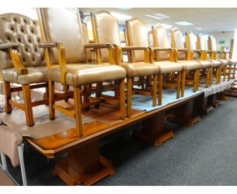 LARGE REPRODUCTION YEW EFFECT MODULAR BOARDROOM TABLE can be split into pair of smaller tables, sitting on four pedestals tog