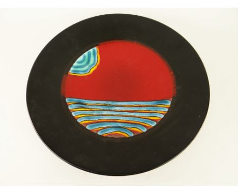 POOLE FLAMBE CHARGER DISH with black border and abstract centre design, 40cms diam.