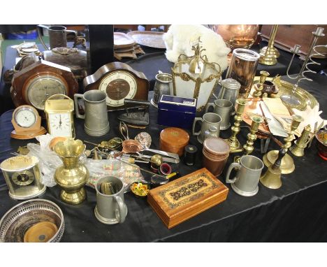 Works of art to include mantel clock, brass candlesticks, barometer, pewter mugs, brass lantern etc. (qty)