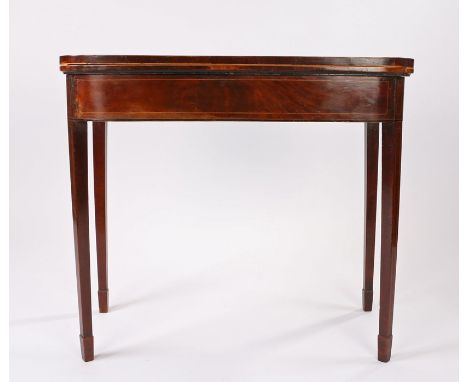 Regency mahogany card table, the rectangular top above a satin wood and rosewood banding above a deep frieze with strung deco