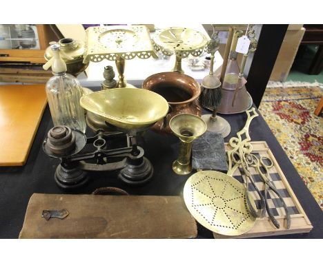 Copper, brass and metalware, to include "the Swiftsure" funnel, part companion set with Pekingese dog form terminals, brass j