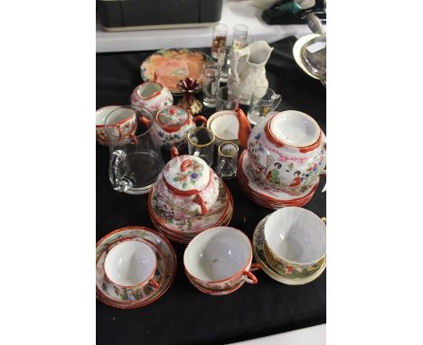 Japanese part tea service, to include teapot sugar bowl, four cups and saucers, decorative glassware to include ruby and gilt