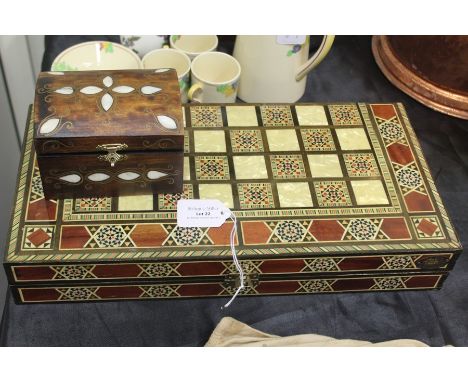 Mother of pearl inlaid games compendium, with chess and backgammon boards, mother of pearl inlaid casket containing an Indian