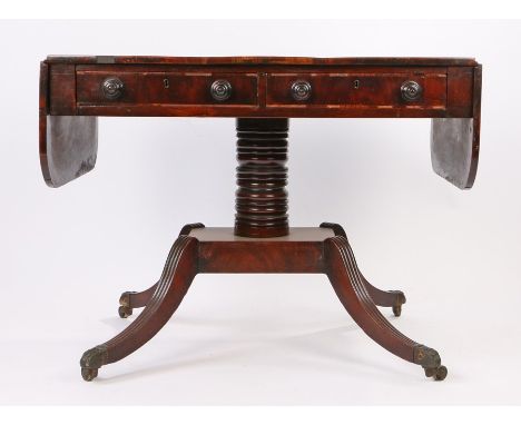 Regency mahogany sofa table, the rectangular top with drop flaps above a pair of frieze drawers and opposing dummy drawers ra