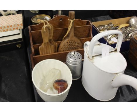 Kitchenalia to include jelly mould, butter pats, wooden scoop, letter rack, enamel watering can, flour dredger etc. (qty)