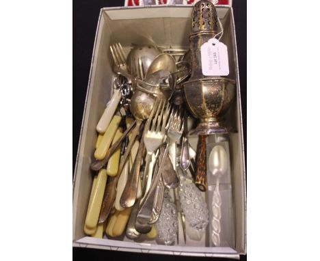 Plated ware to include fish knives and forks, sugar tongs, sugar castor, antler handled two tined fork etc. (qty)