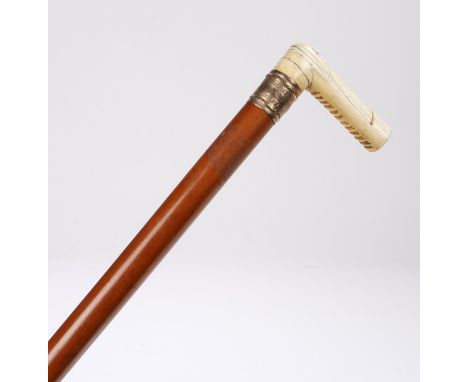 19th Century ivory and yellow metal walking stick, the handle with a swing opening revealing a hidden compartment above a ros