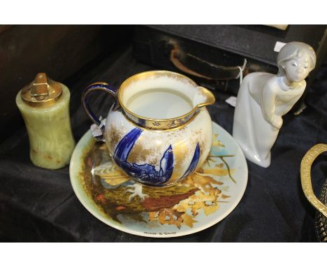 Porcelain to include Coalport barn owl plate, Royal Doulton jug, Lladro figure, onyx table lighter (4)