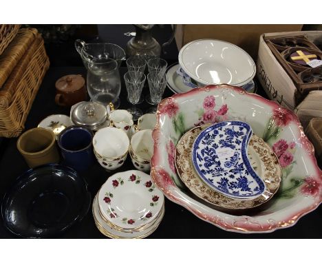 Porcelain and glass, to include Clare bone china part tea service decorated with roses, place settings for four, glass jug, ,