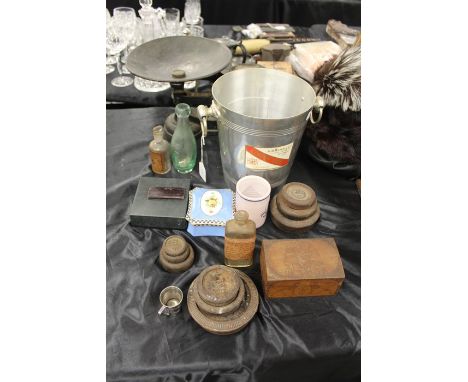 Works of art to include set of balance scales and weights, Mumm champagne bucket, glass bottles, Solingen sheath knife, woode