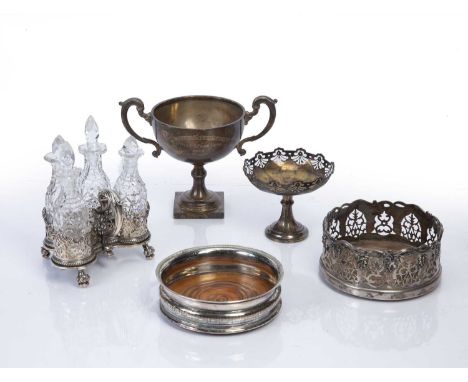 Collection of silver and silver-plated itemsto include: Three-piece glass cruet set on silver stand, bearing marks for R & S 