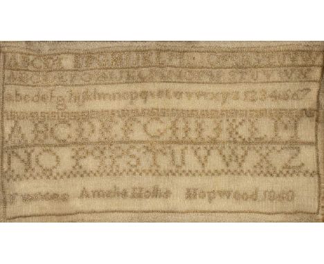 Victorian needlework alphabet samplerworked in coloured threads with cross stitches and eyelet stitches, by Anne Lawrence, Ed