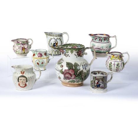 Group of pottery jugs and a frog mug inscribed 'William Wales 1809'19th Century, including a large transfer printed jug, 25cm