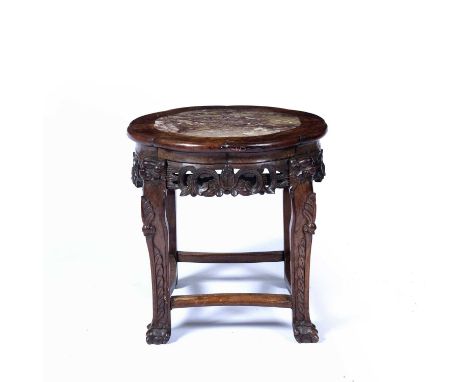 Chinese rosewood and marble jardiniere standwith carved border and supports, 50cm diameter x 45cm highCondition report: Some 