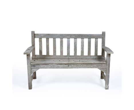 Two teak garden benchesby R A Lister of Dursley, 159cm and 128cm longCondition report: Both faded through outside use and joi
