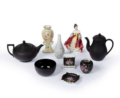 Group of English ceramicsto include a three piece Wedgwood basalt teaset, a Royal Worcester vase 18cm, a Royal Doulton figure