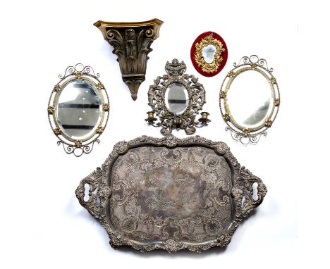 Collection of piecesincluding a large plated tray, 74cm across, a pair of brass mirrors, 40cm high, a brass girandole, 33cm h