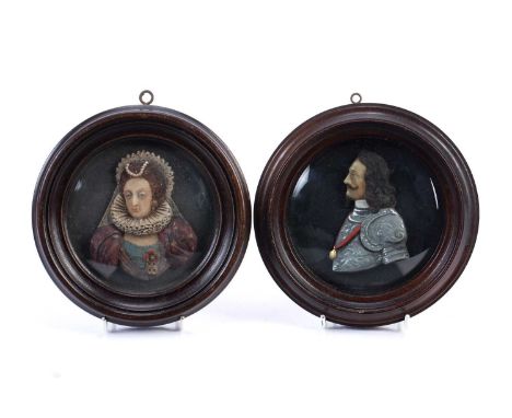 Pair of portrait wax miniatures'Queen Elizabeth' and 'Charles the First' in original frames, 15.5cm diameterCondition report: